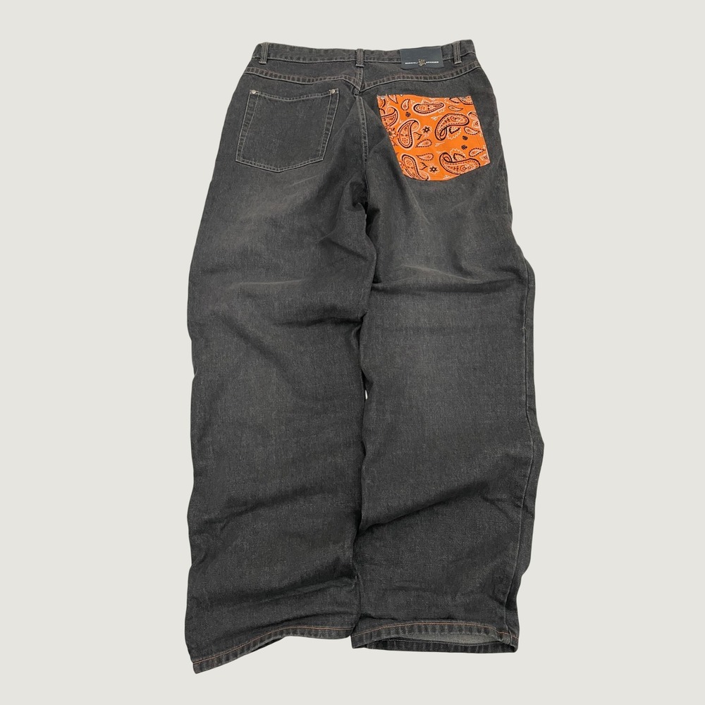 Y2K Makaveli Branded Jeans Mens 40 Black Orange Bandana Baggy Wide Leg Hip Hop